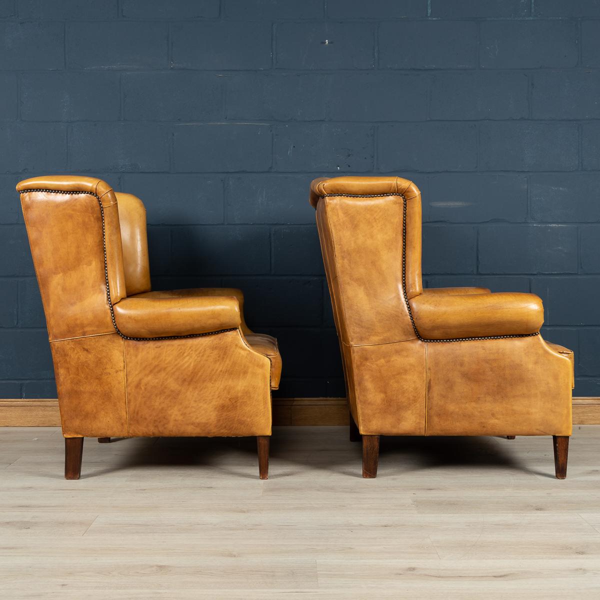 20th Century Pair of Dutch Sheepskin Leather Wingback Chairs 3