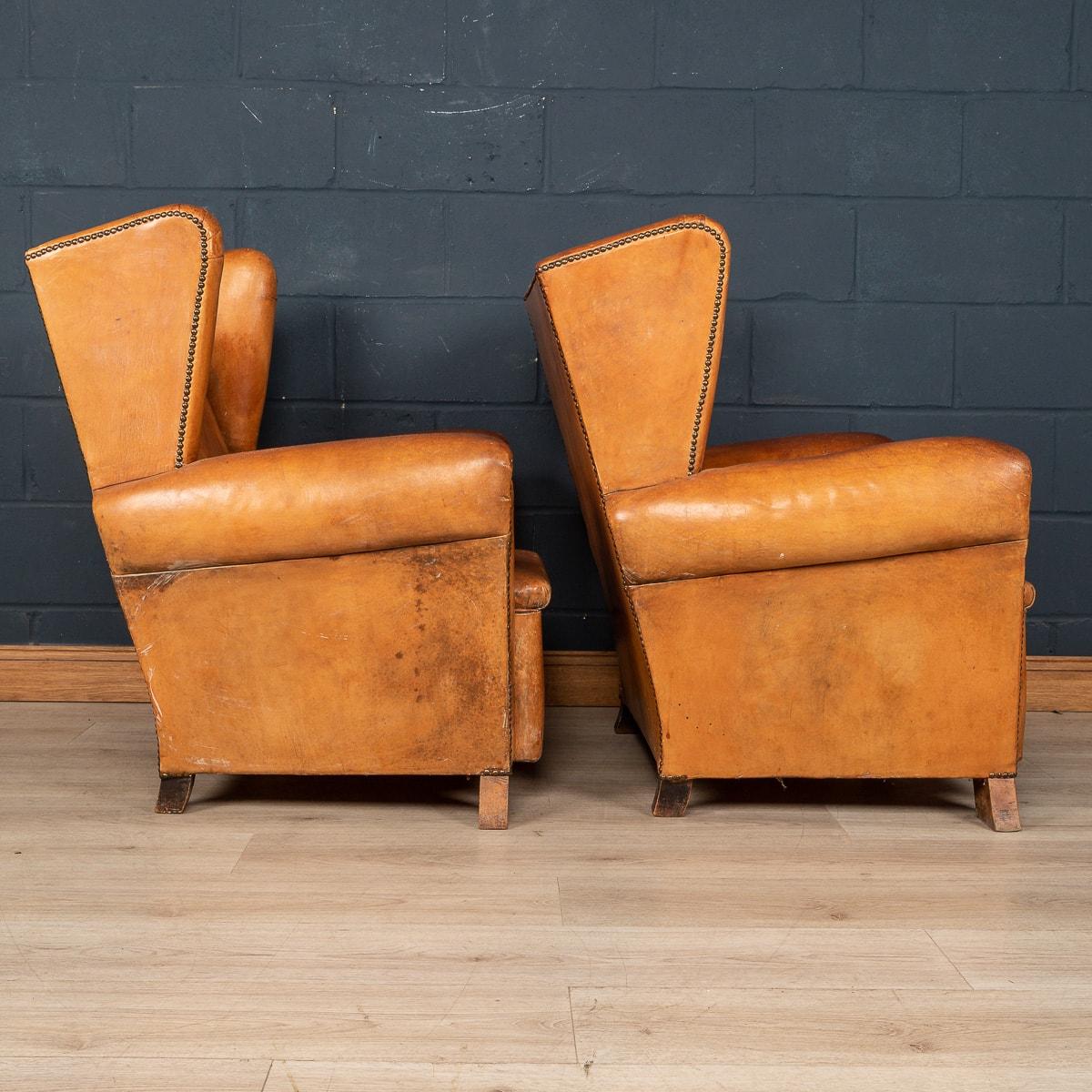 Brass 20th Century Pair of Dutch Sheepskin Leather Wingback Chairs