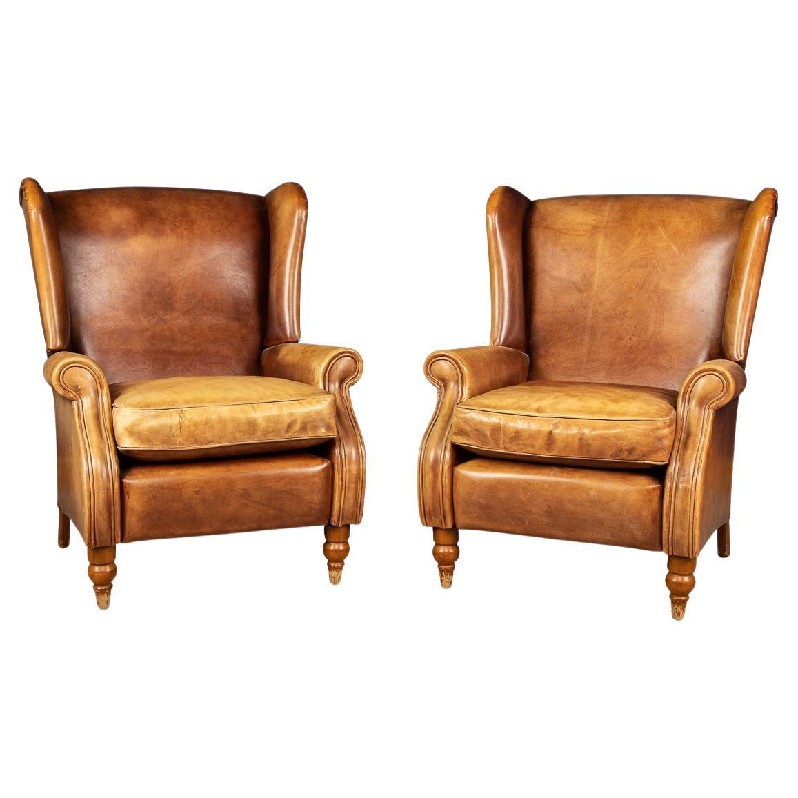 20th Century Pair of Dutch Sheepskin Leather Wingback Chairs