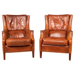 20th Century Pair of Dutch Sheepskin Leather Wingback Chairs