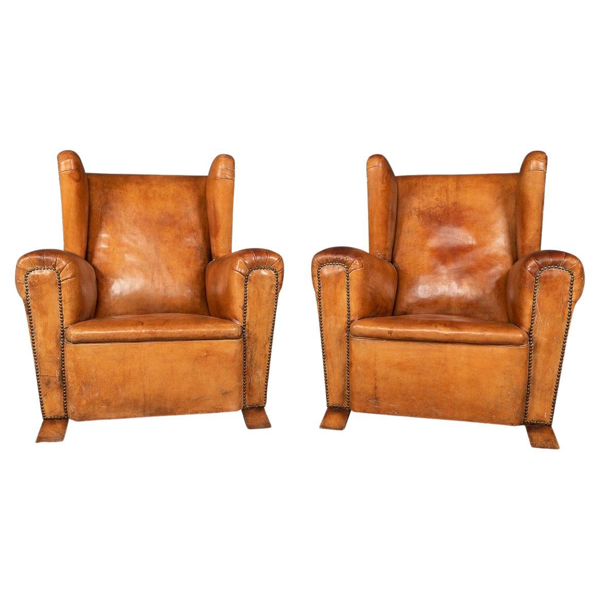 20th Century Pair of Dutch Sheepskin Leather Wingback Chairs
