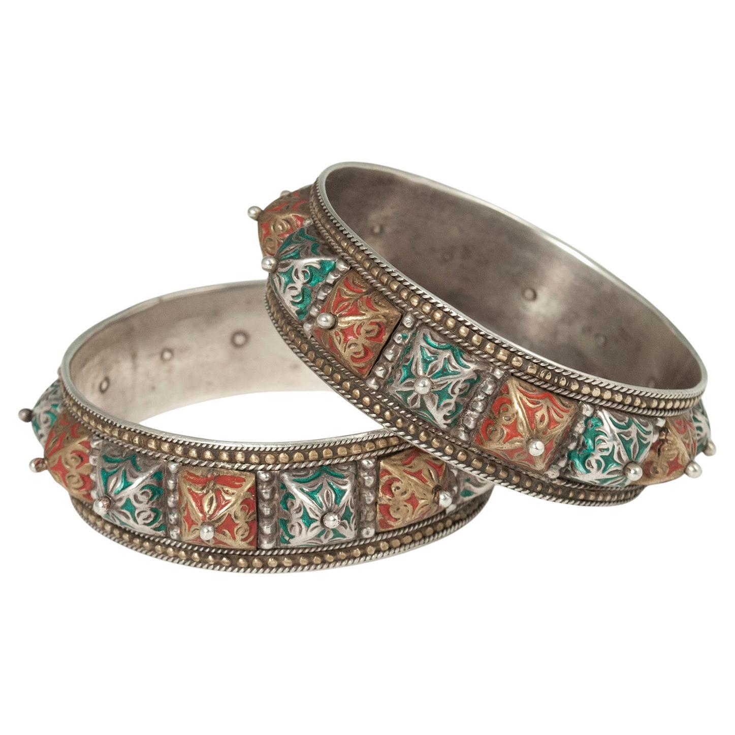 20th Century Pair of Enamel and Silver Bracelets, Morocco