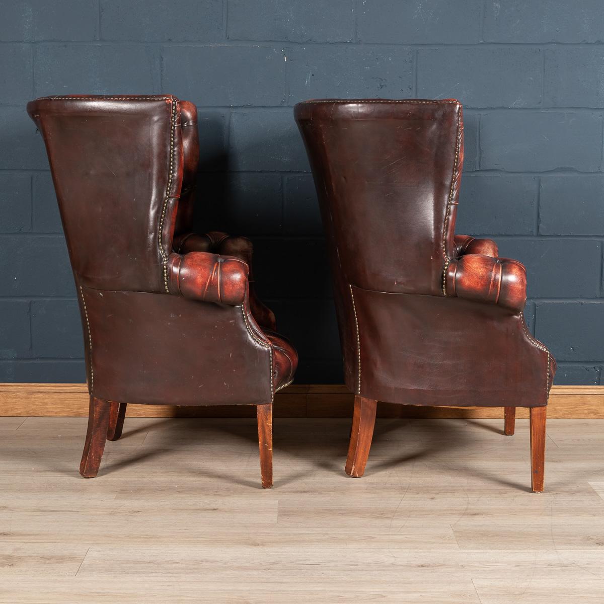 20th Century Pair of English Leather Barrel Back Armchairs c.1970 1
