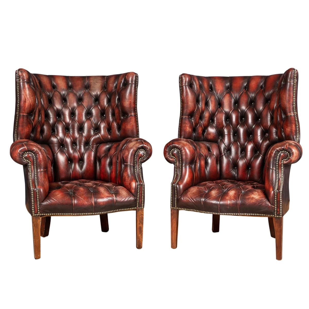 20th Century Pair of English Leather Barrel Back Armchairs c.1970