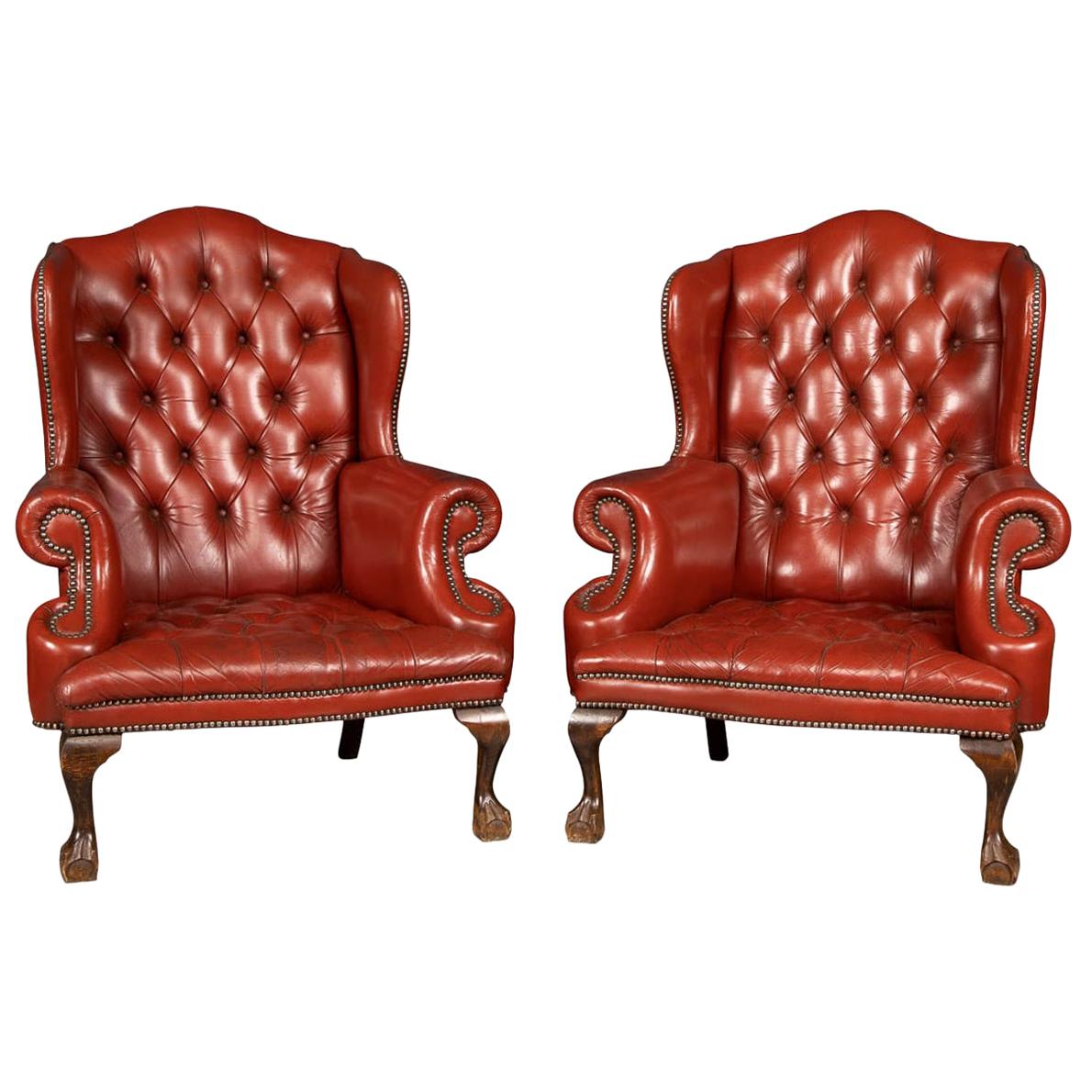 20th Century Pair of English Leather Wingback Armchairs, circa 1970