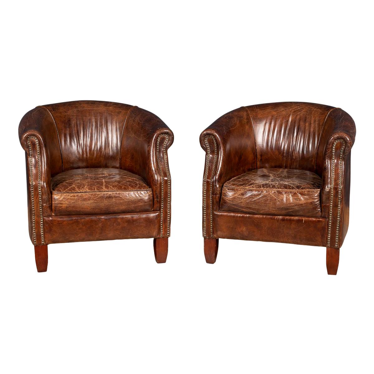 20th Century Pair of English Sheepskin Leather Tub Chairs