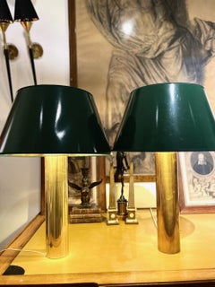 20th Century Pair of Falkenbergs Brass Table Lamps Green Patent Leather Shades