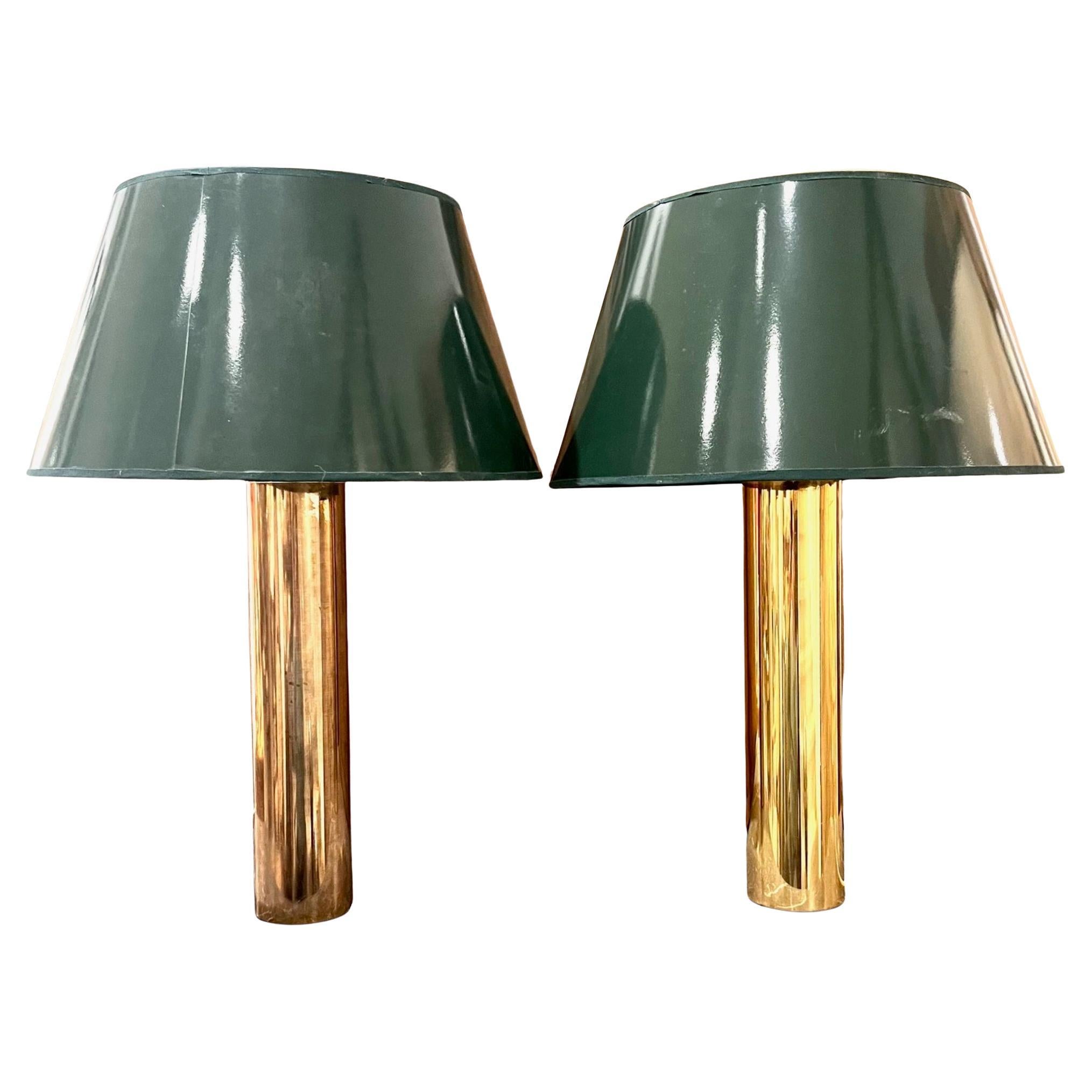 20th Century Pair of Falkenbergs Brass Table Lamps Green Patent Leather Shades For Sale