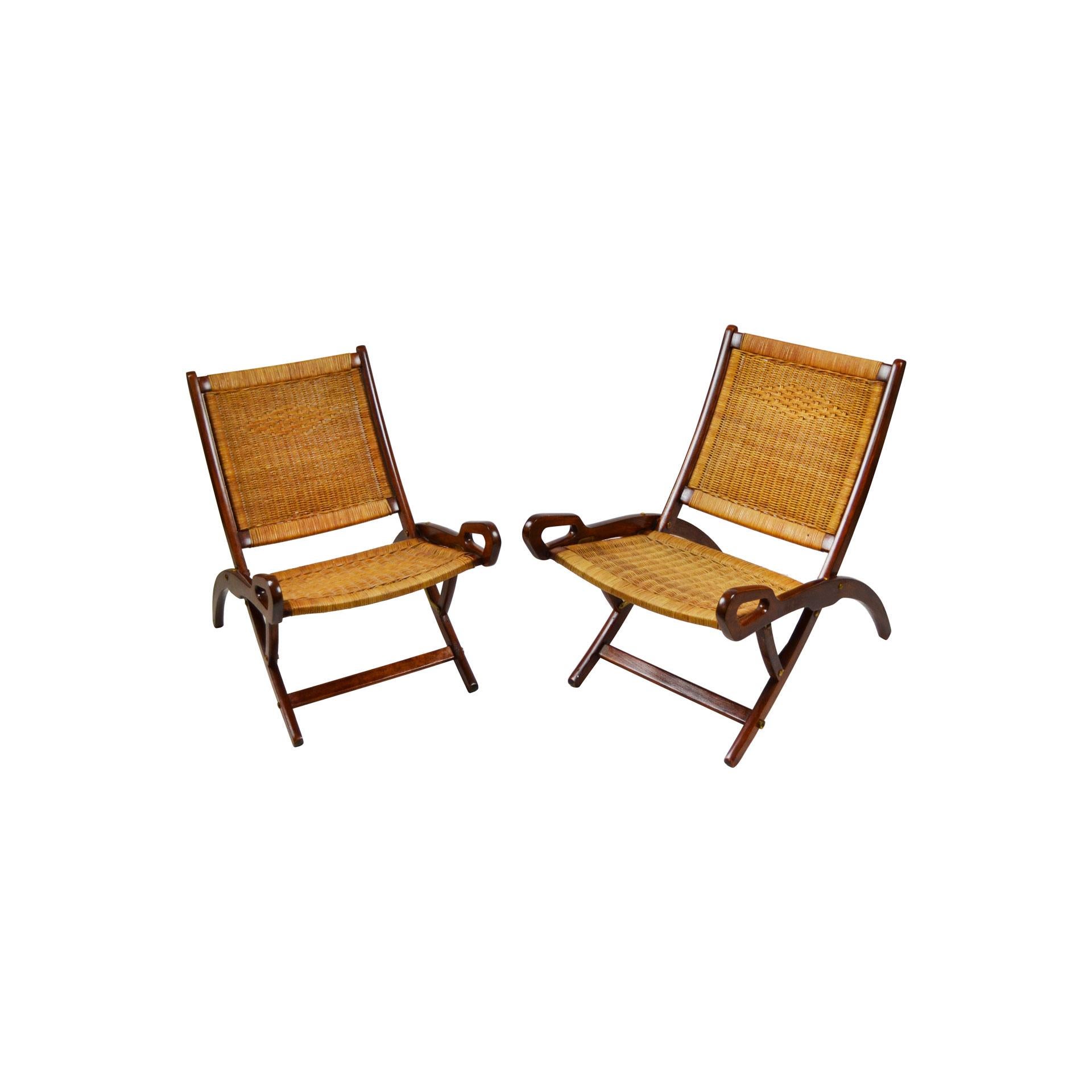Mid-Century Modern 20th Century Pair of Folding Armchairs Model Ninfea by Gio Ponti Wood and Reed