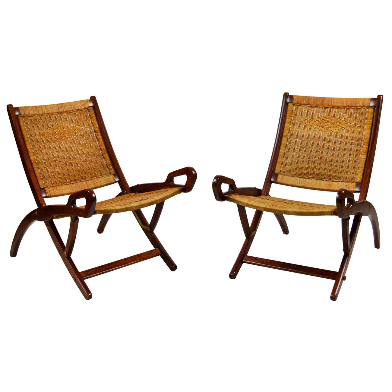 20th Century Pair of Folding Armchairs Model Ninfea by Gio Ponti Wood and Reed
