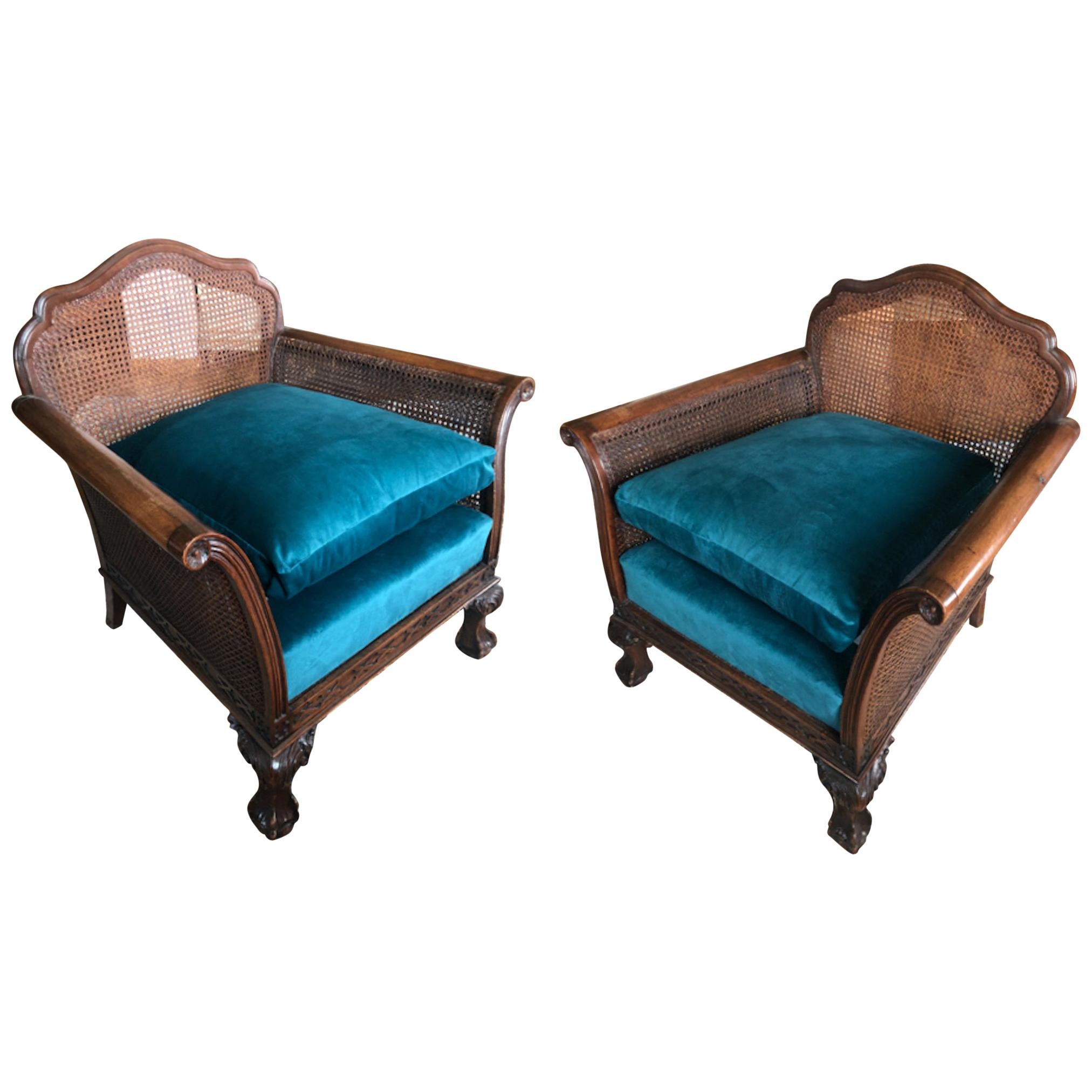 20th Century Pair of French Blue Hand Carved Neoclassical Wood Cane Armchairs