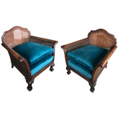 Antique 20th Century Pair of French Blue Hand Carved Neoclassical Wood Cane Armchairs