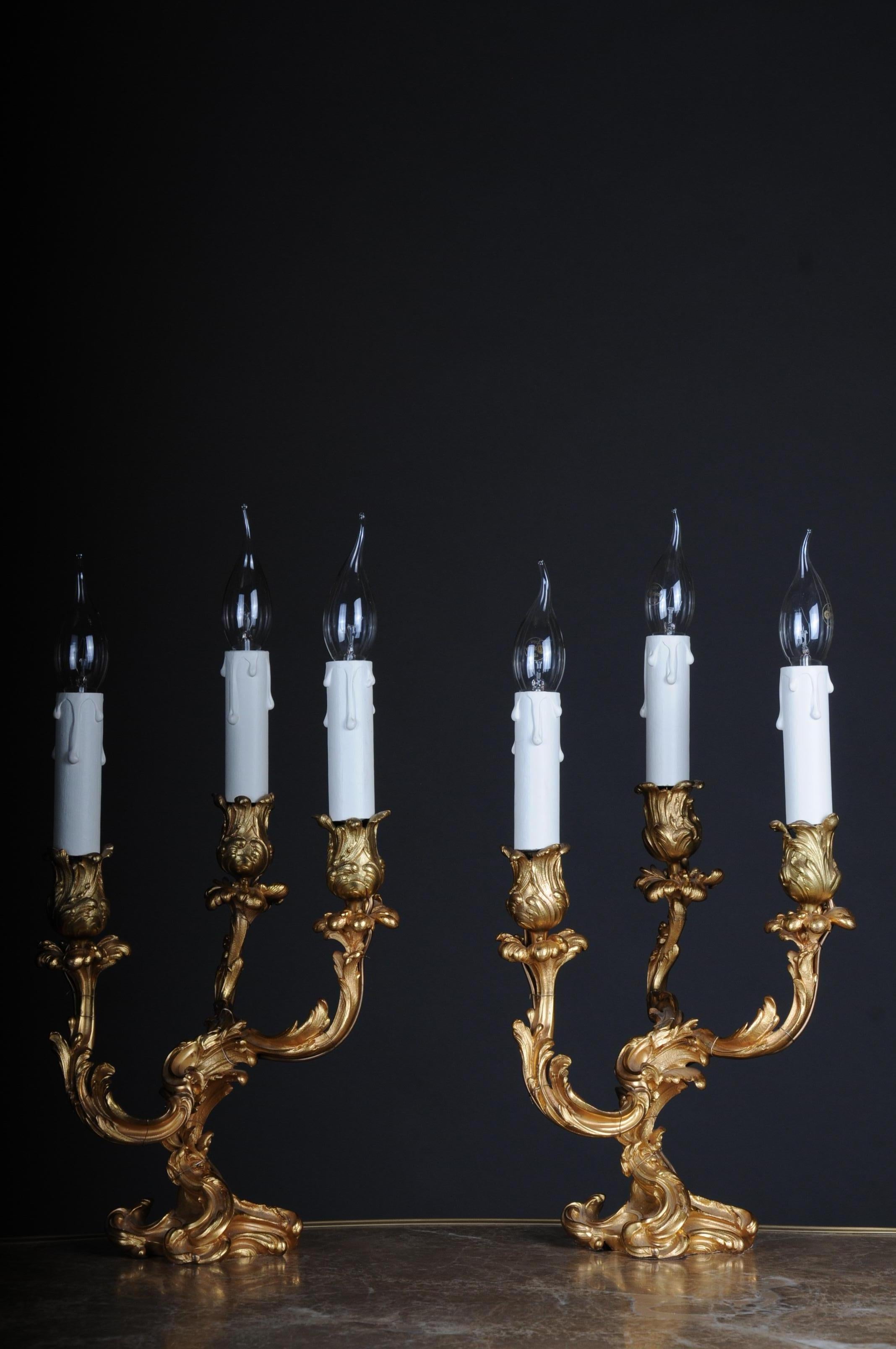 Gilt 20th Century Pair of French Candle Lamps Bronze, Electrified. 