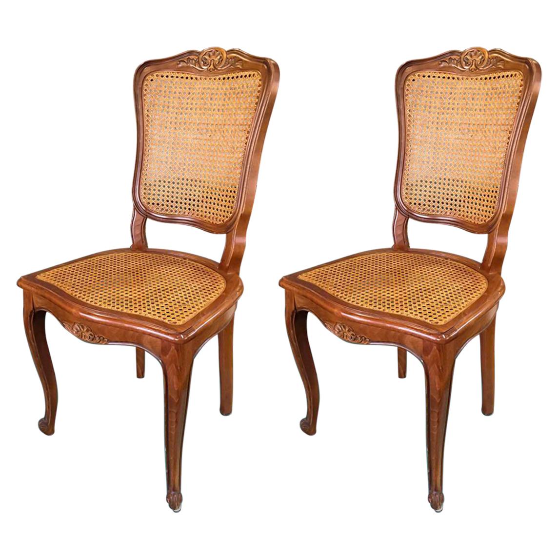 20th Century Pair of French Carved Walnut Chairs in Style of Louis XV