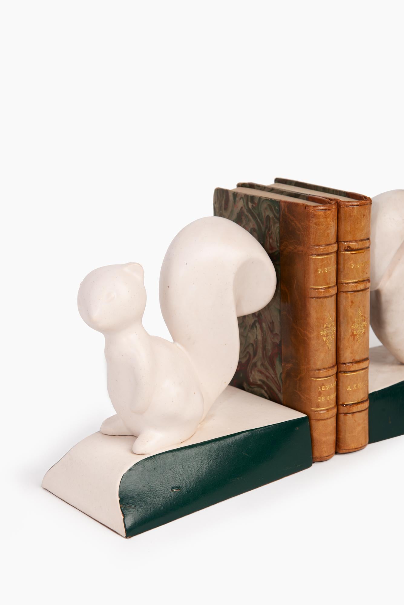 French Art Deco Pair Of  Bookends In The Shape Of Squirrels In Porcelain Leather France