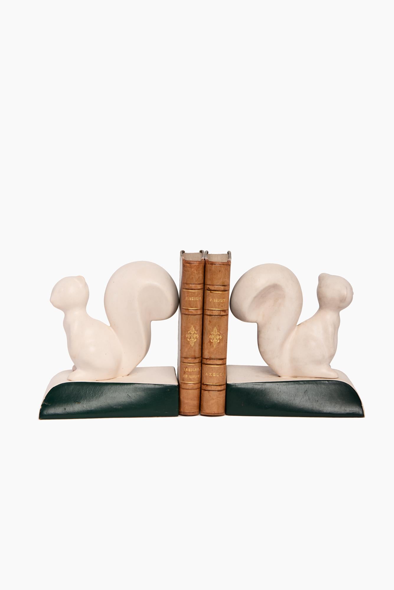 20th Century Art Deco Pair Of  Bookends In The Shape Of Squirrels In Porcelain Leather France