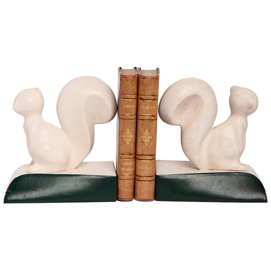 Art Deco Pair Of  Bookends In The Shape Of Squirrels In Porcelain Leather France