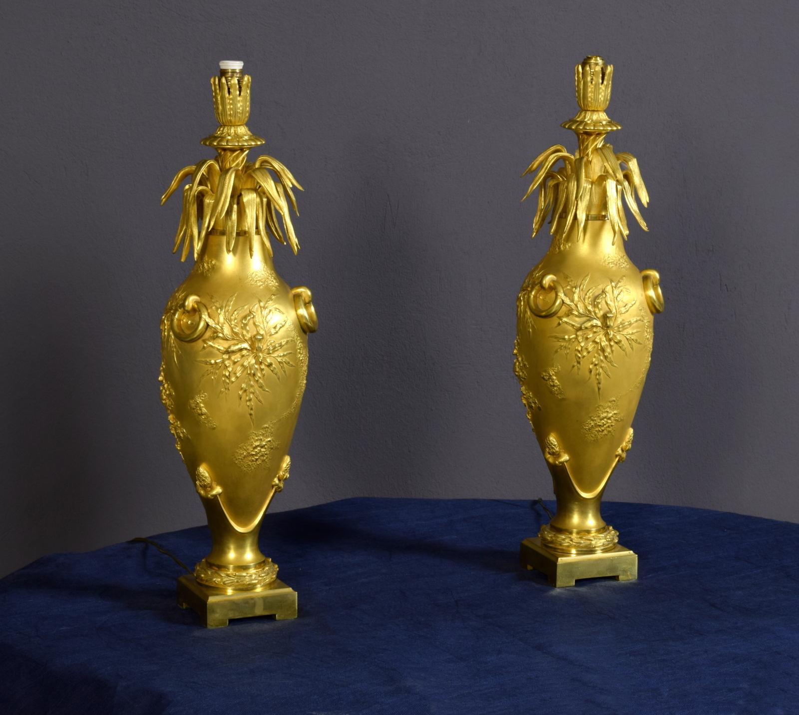 Art Nouveau 20th Century Pair of French Chiselled and Gilt Bronze Lamps
