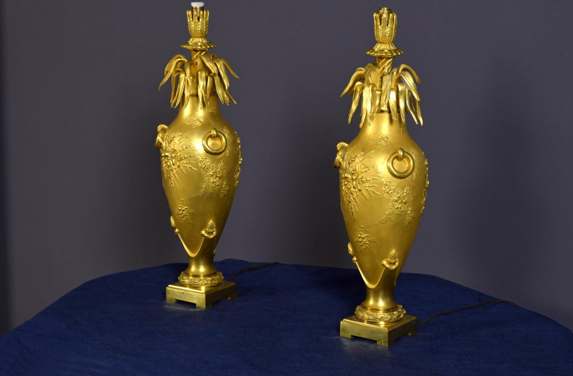 20th Century Pair of French Chiselled and Gilt Bronze Lamps 2