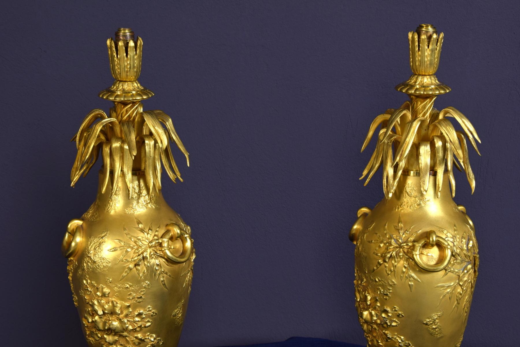 20th Century Pair of French Chiselled and Gilt Bronze Lamps 4