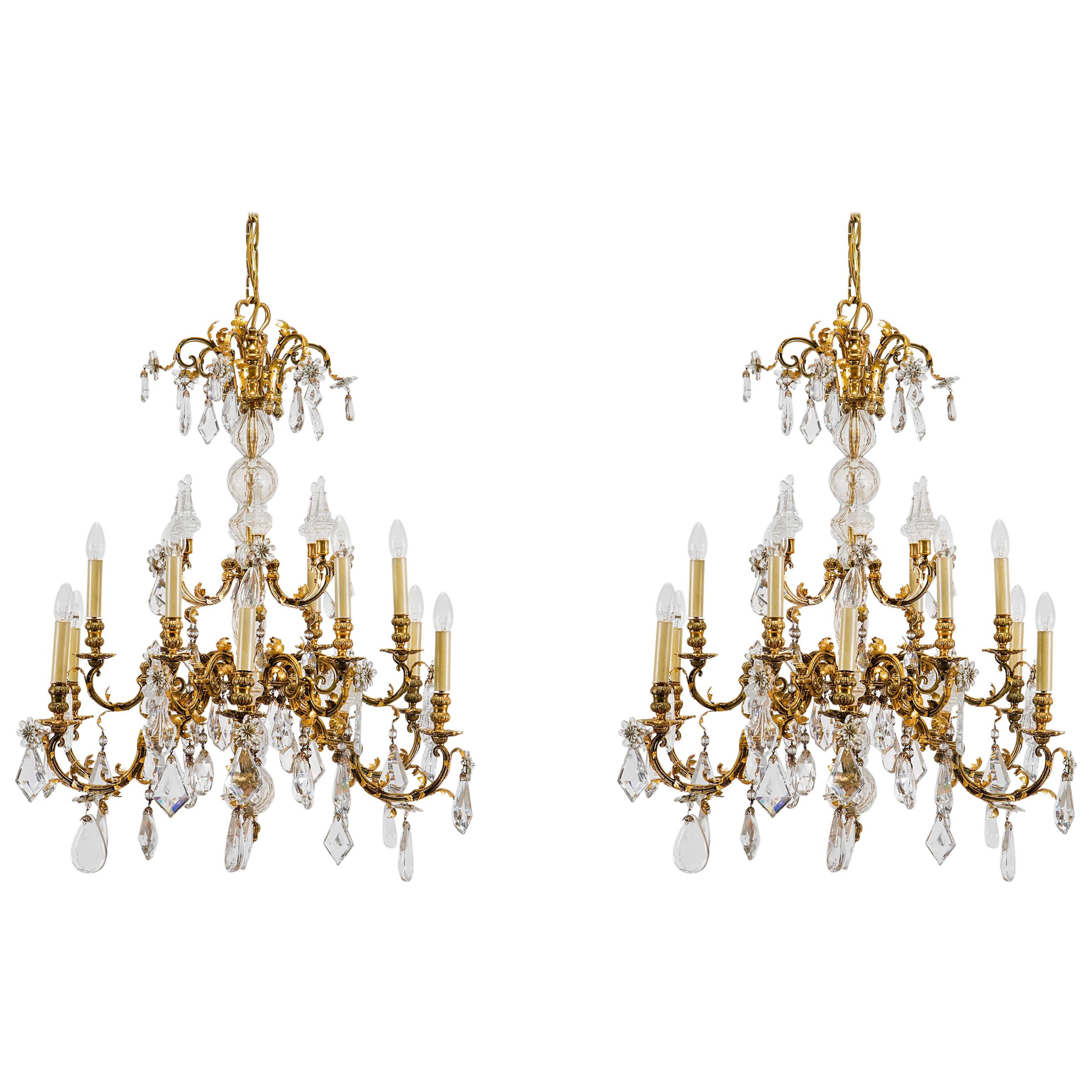 20th Century, Pair of French Crystal Gilt Bronze Chandeliers by Maison Baguès