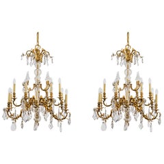 Antique 20th Century, Pair of French Crystal Gilt Bronze Chandeliers by Maison Baguès