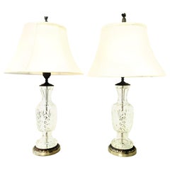 20th Century Pair of French Cut Crystal and Brass Table Lamps Set of 2