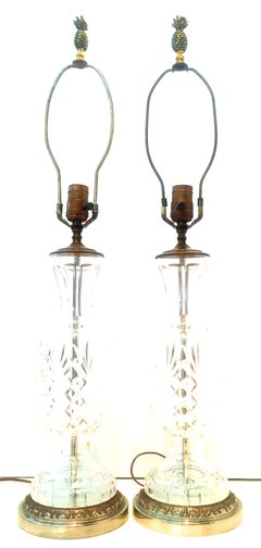 20th Century Pair of French Cut Crystal and Brass Table Lamps Set of 2