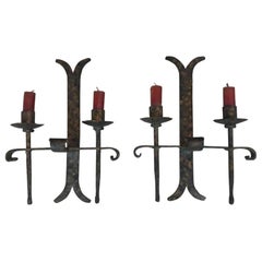 20th Century Pair of French Decorative Black Wrought Iron Sconces