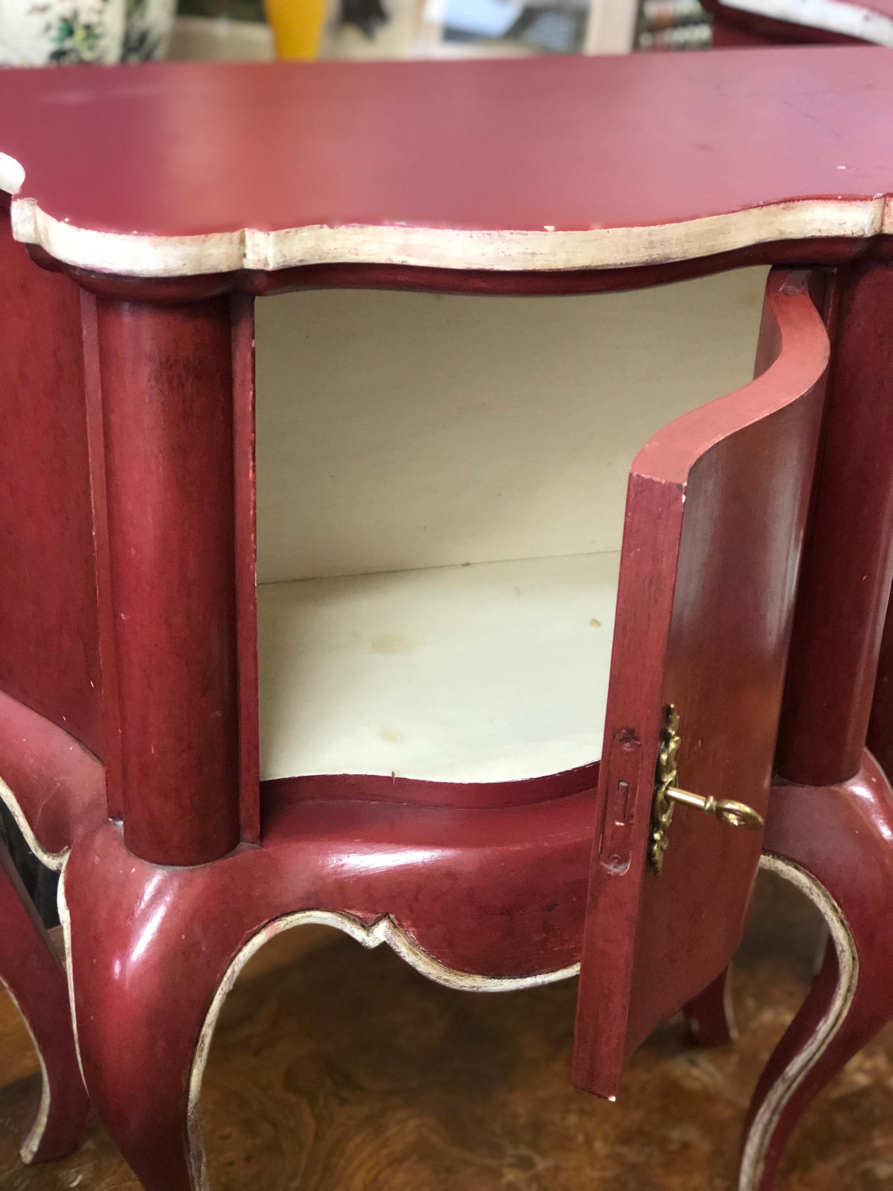 Hand-Painted 20th Century Pair of French Exceptional Raspberry Red Wooden Nightstands For Sale