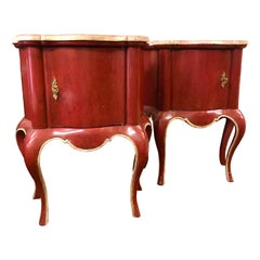 Antique 20th Century Pair of French Exceptional Raspberry Red Wooden Nightstands