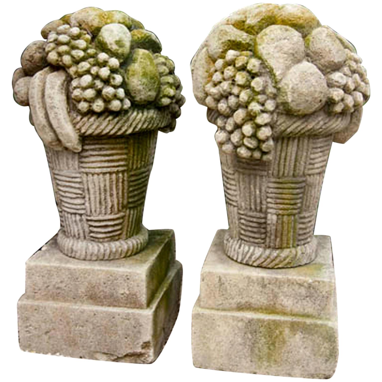 20th Century Pair of French Fruit Basket Finials in Hand Carved