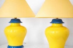 20th Century Pair of French Glazed Ceramic Table Lamps in Yellow & cobalt Blue