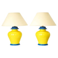 20th Century Pair of French Glazed Ceramic Table Lamps in Yellow & cobalt Blue