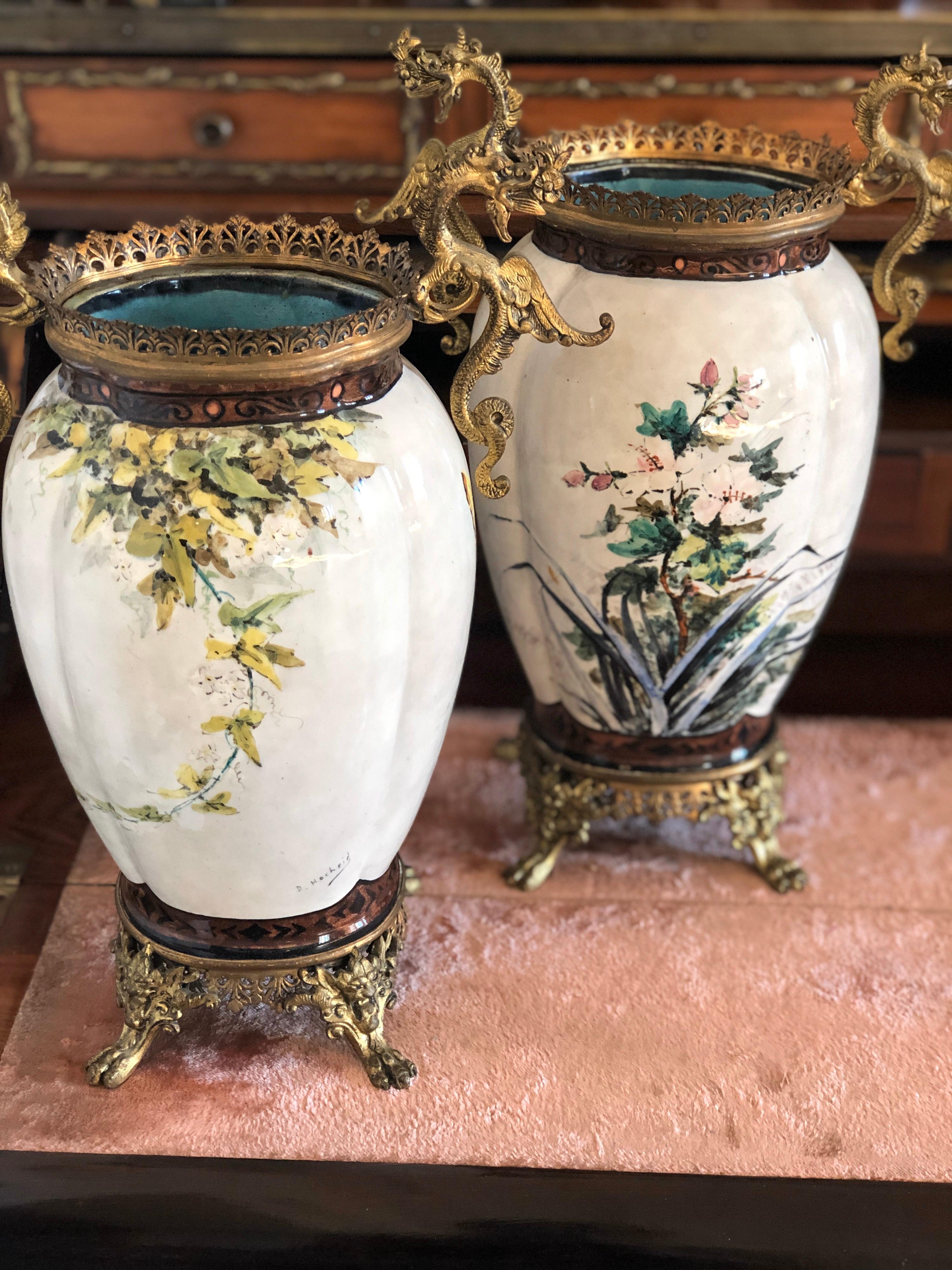 Hand-Painted 20th Century Pair of French Hand Painted Ceramic Vases with Brass Decoration