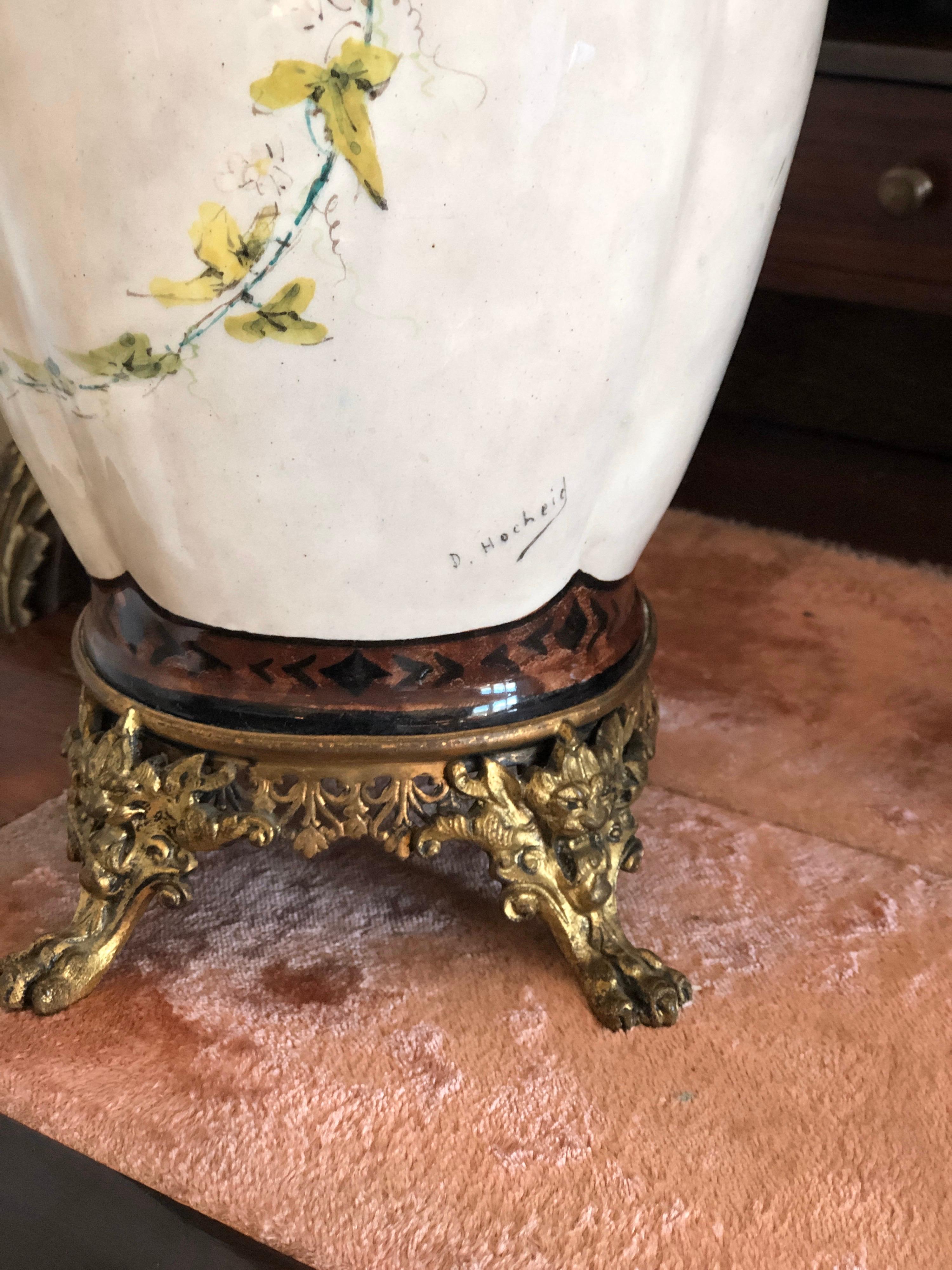 20th Century Pair of French Hand Painted Ceramic Vases with Brass Decoration 1