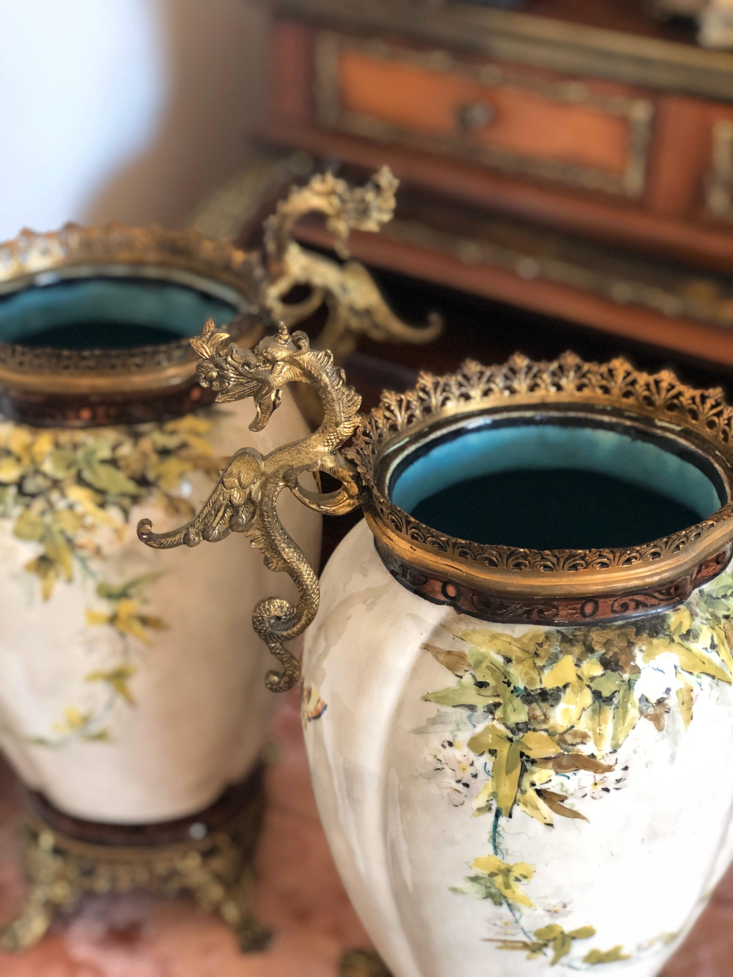 20th Century Pair of French Hand Painted Ceramic Vases with Brass Decoration 2