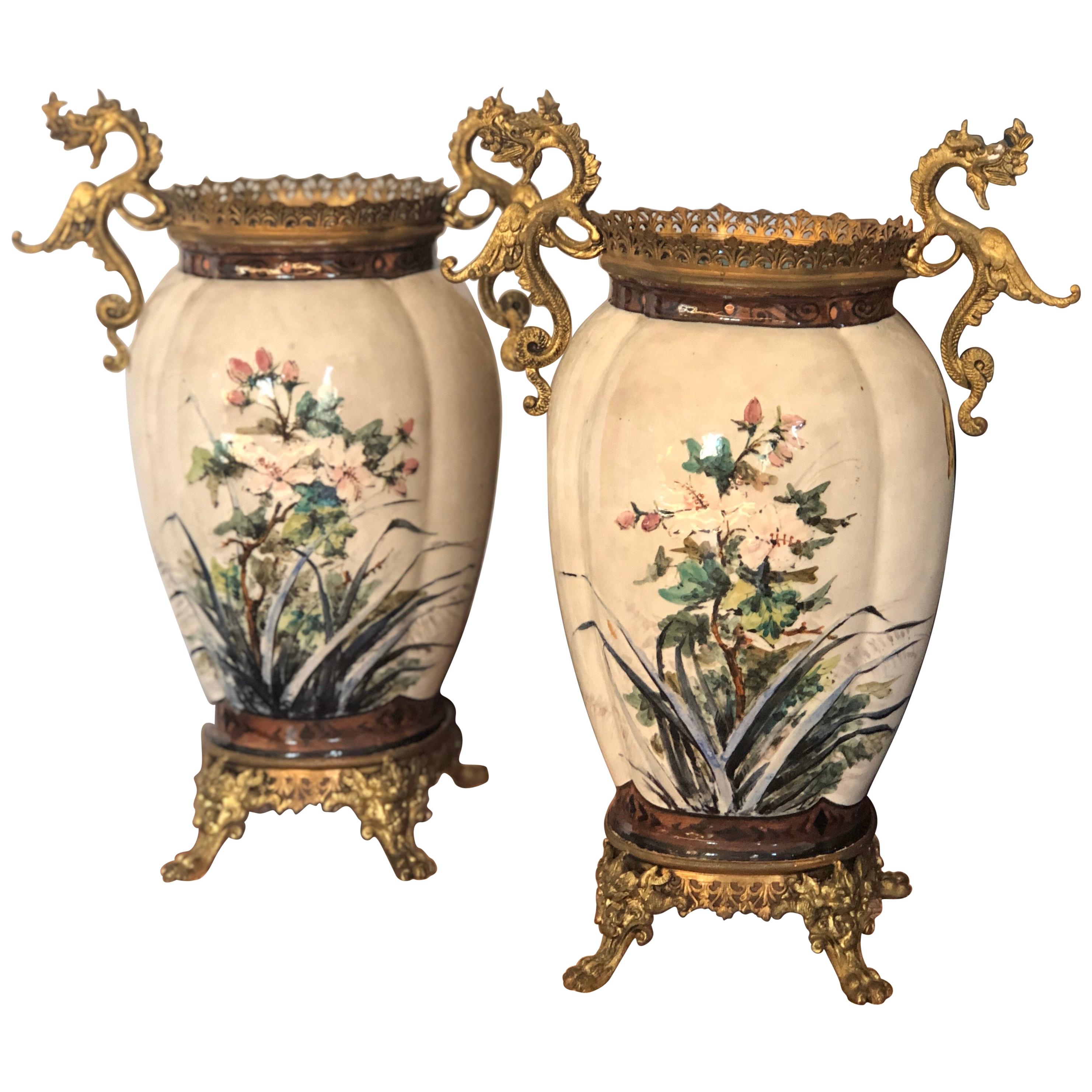 20th Century Pair of French Hand Painted Ceramic Vases with Brass Decoration