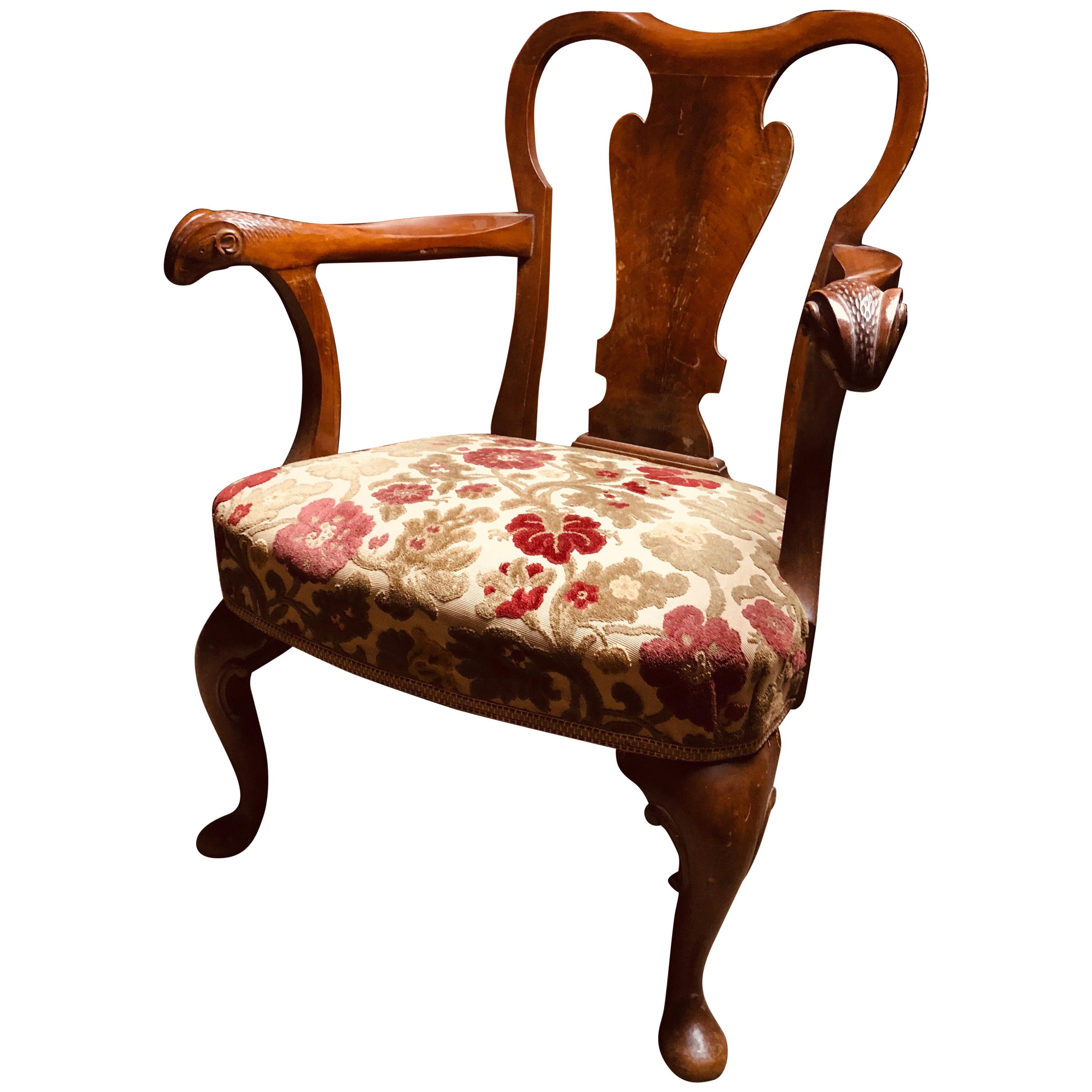 20th Century Pair of French Mahogany Armchairs with Hand Carved Armrests  For Sale at 1stDibs