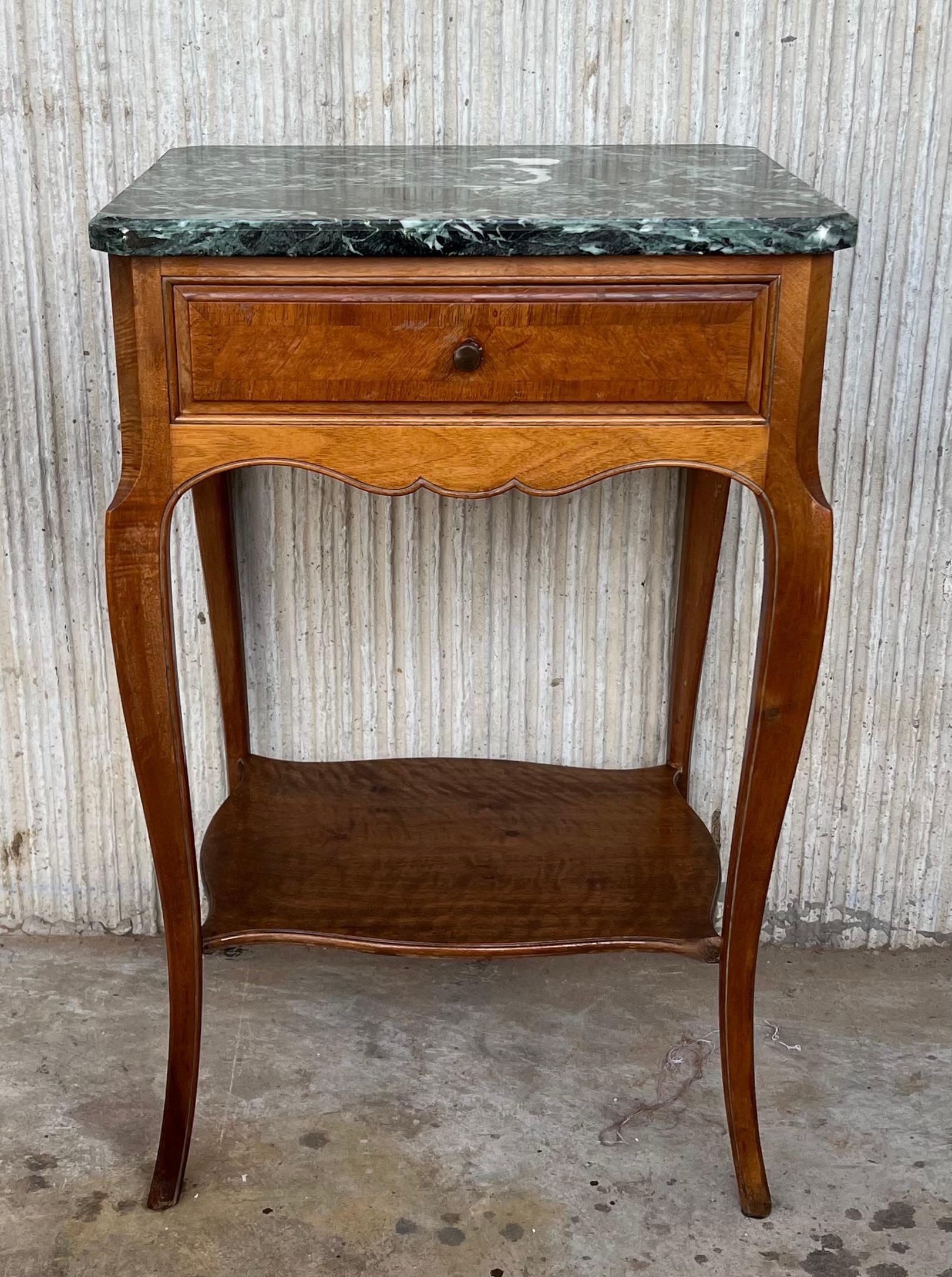 20th Century Pair of French Nightstands with One-Drawer and Green Top Marble 1