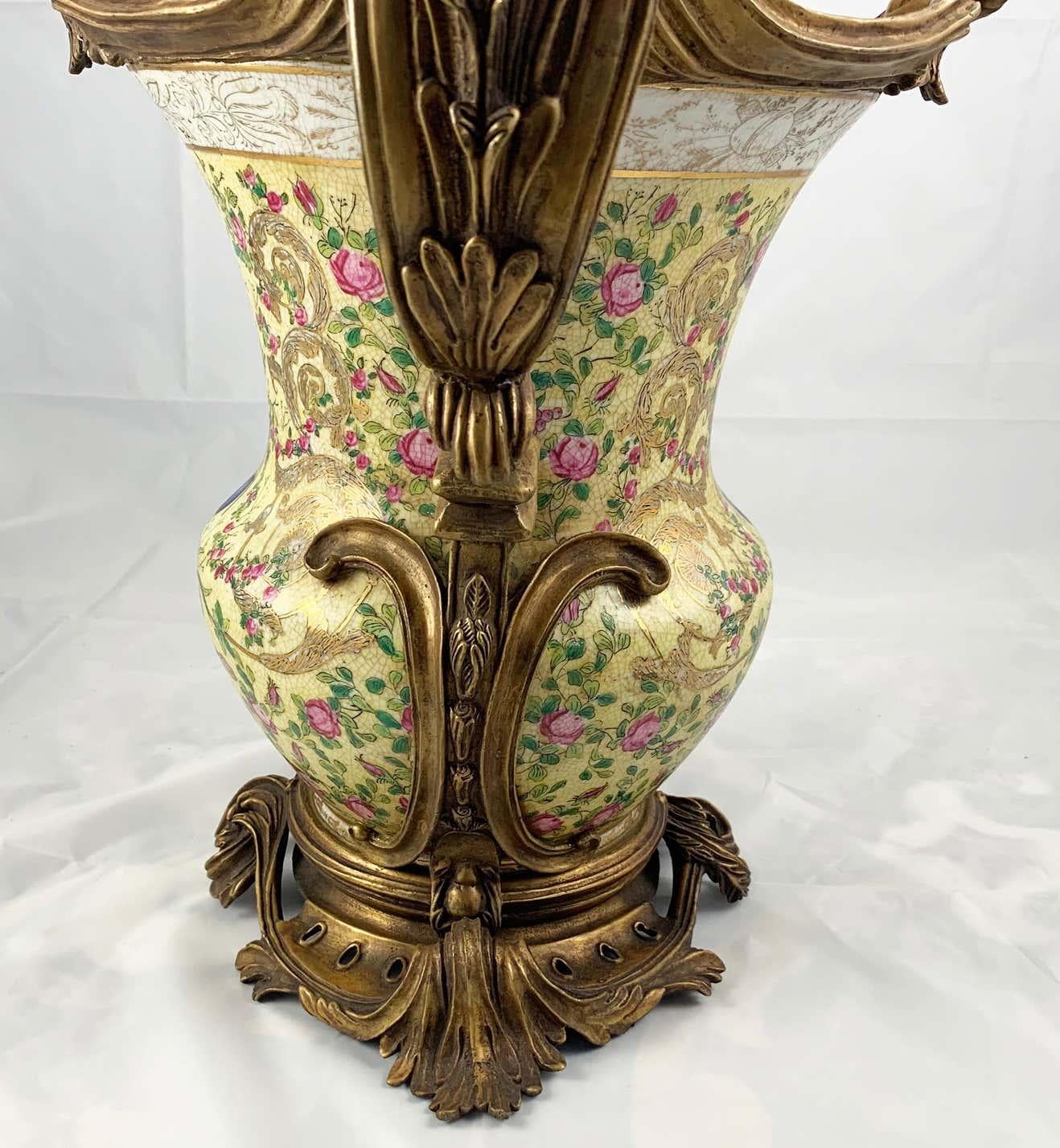 20th Century Pair of French Porcelain and Ormolu-Mounted Twin Handled Urns For Sale 7