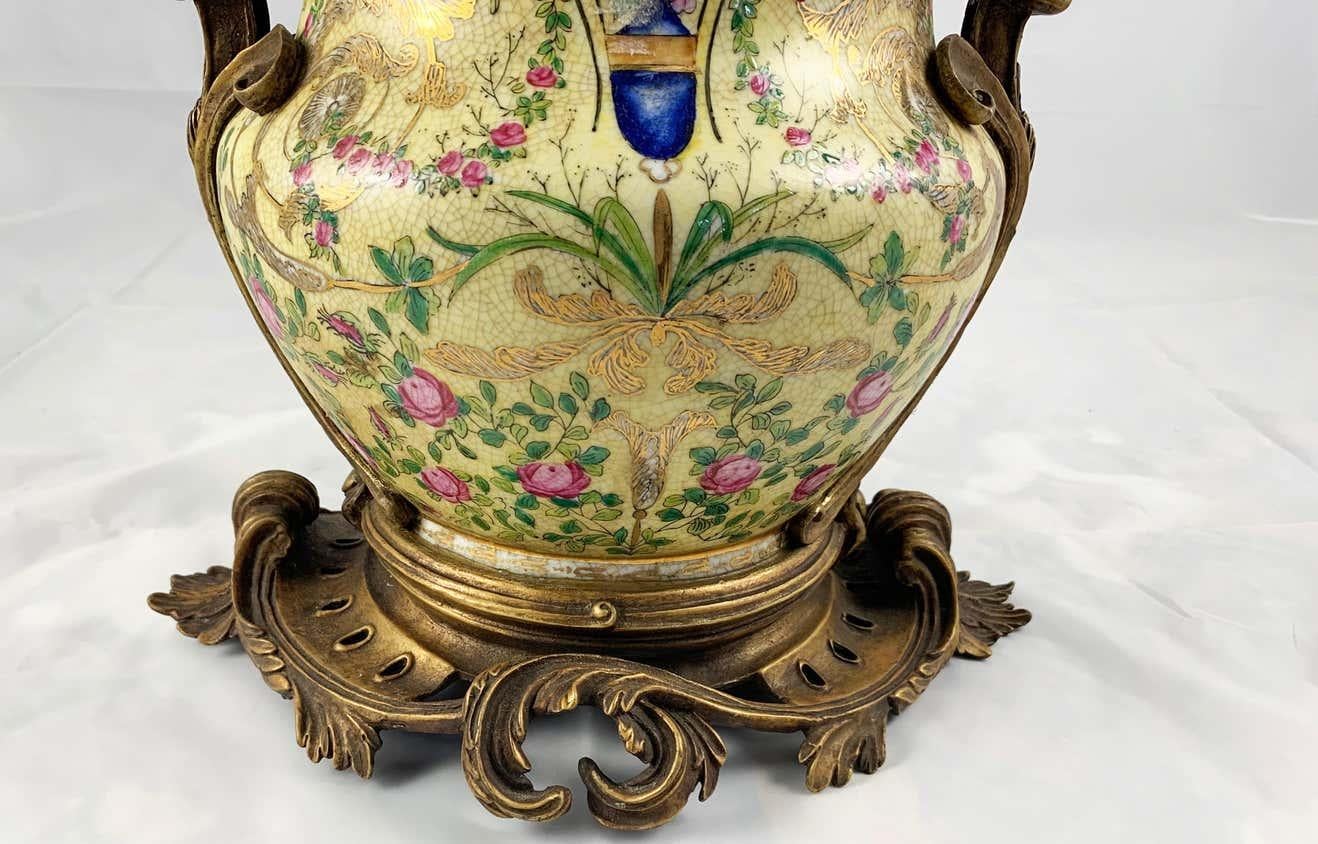 20th Century Pair of French Porcelain and Ormolu-Mounted Twin Handled Urns For Sale 10