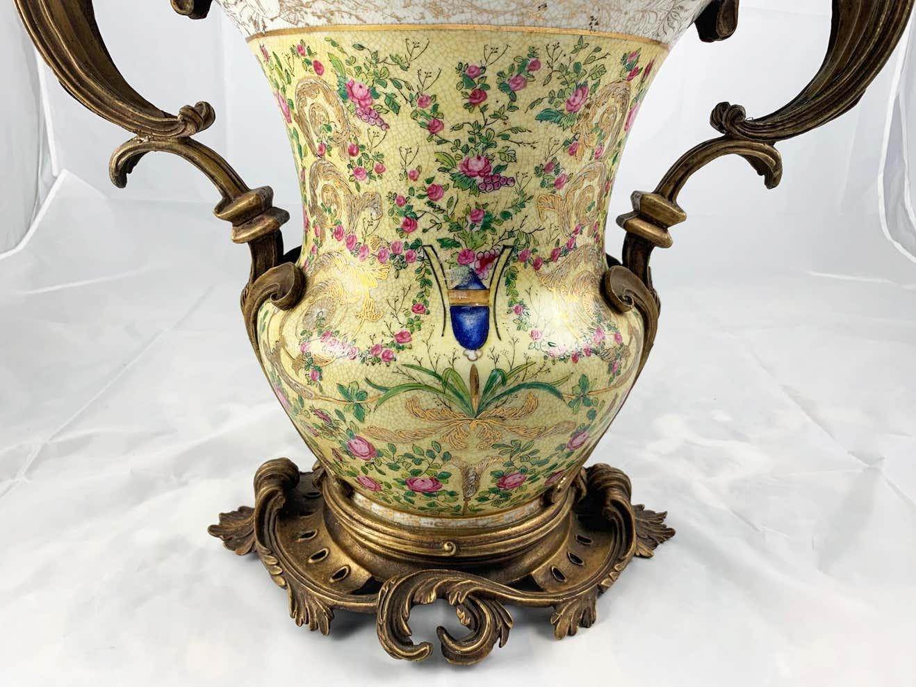 20th Century Pair of French Porcelain and Ormolu-Mounted Twin Handled Urns For Sale 5