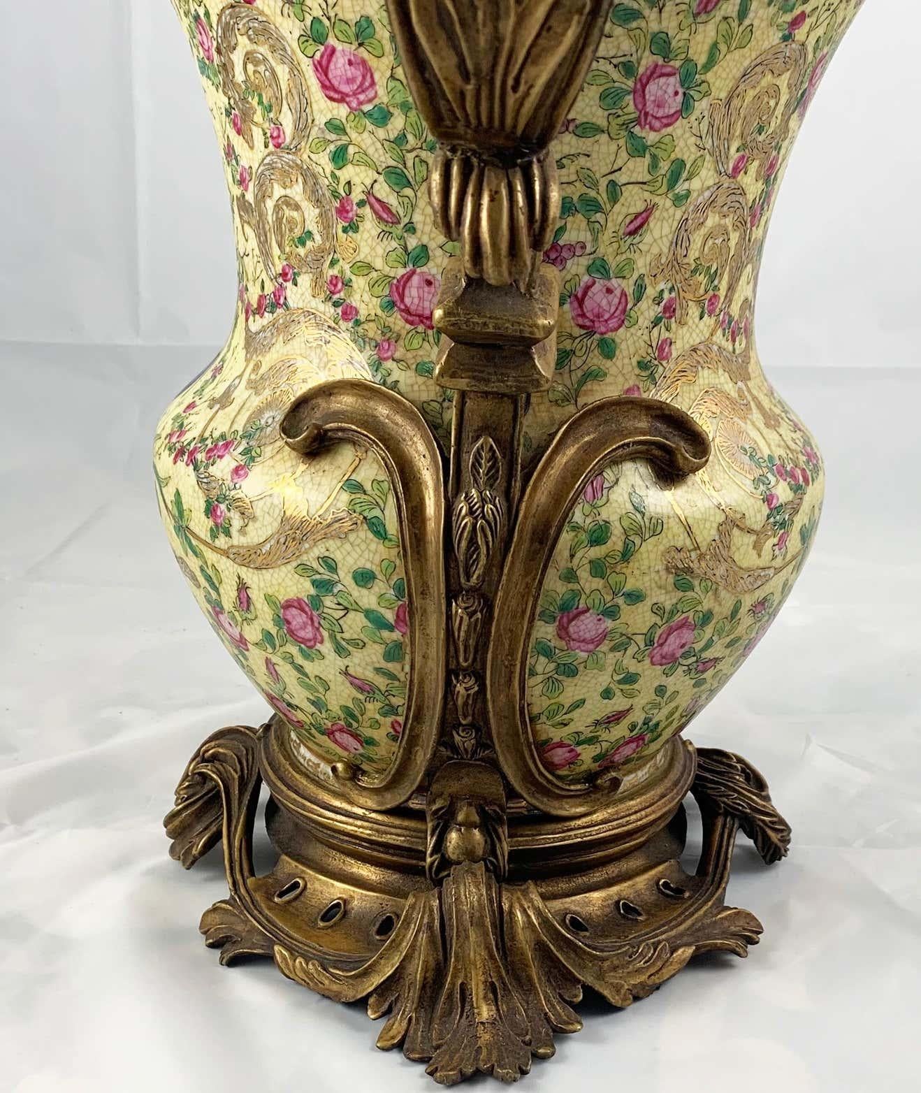 20th Century Pair of French Porcelain and Ormolu-Mounted Twin Handled Urns For Sale 6