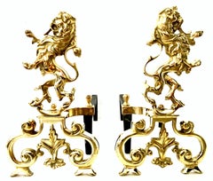 20th Century Pair of Georgian Solid Brass and Iron "Rampant Lion" Andirons