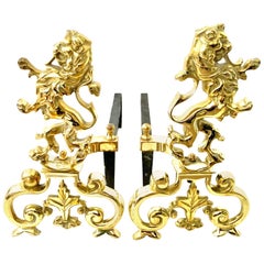 20th Century Pair of Georgian Solid Brass and Iron "Rampant Lion" Andirons