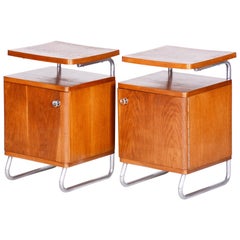 20th Century Pair of German Oak Bauhaus Bed-Side Tables, Chrome, 1930s