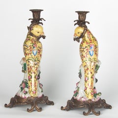 20th Century Pair of Gilt Bronze Mounted Porcelain Parrot Candlesticks