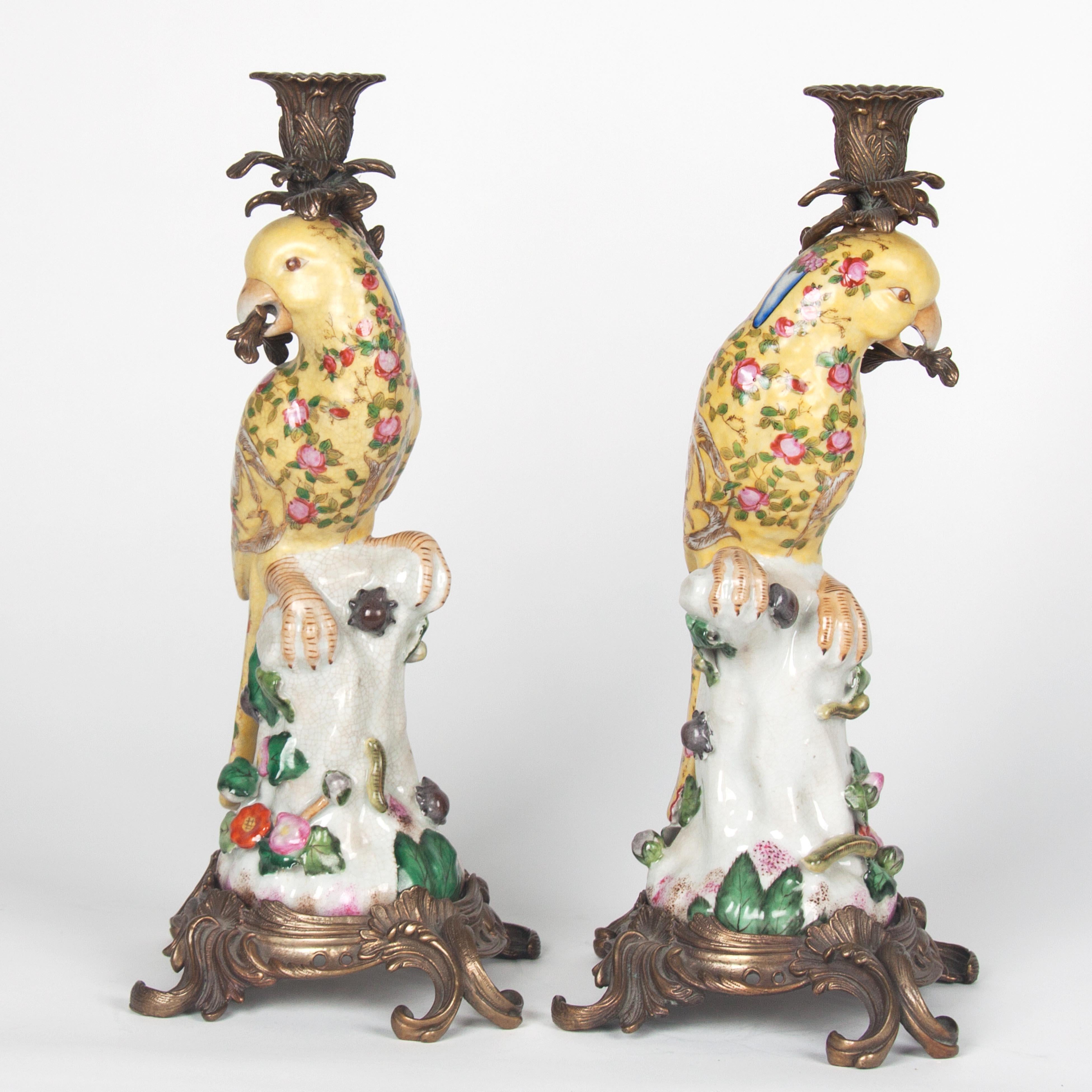 19th Century 20th Century Pair of Gilt Bronze Mounted Porcelain Parrot Candlesticks