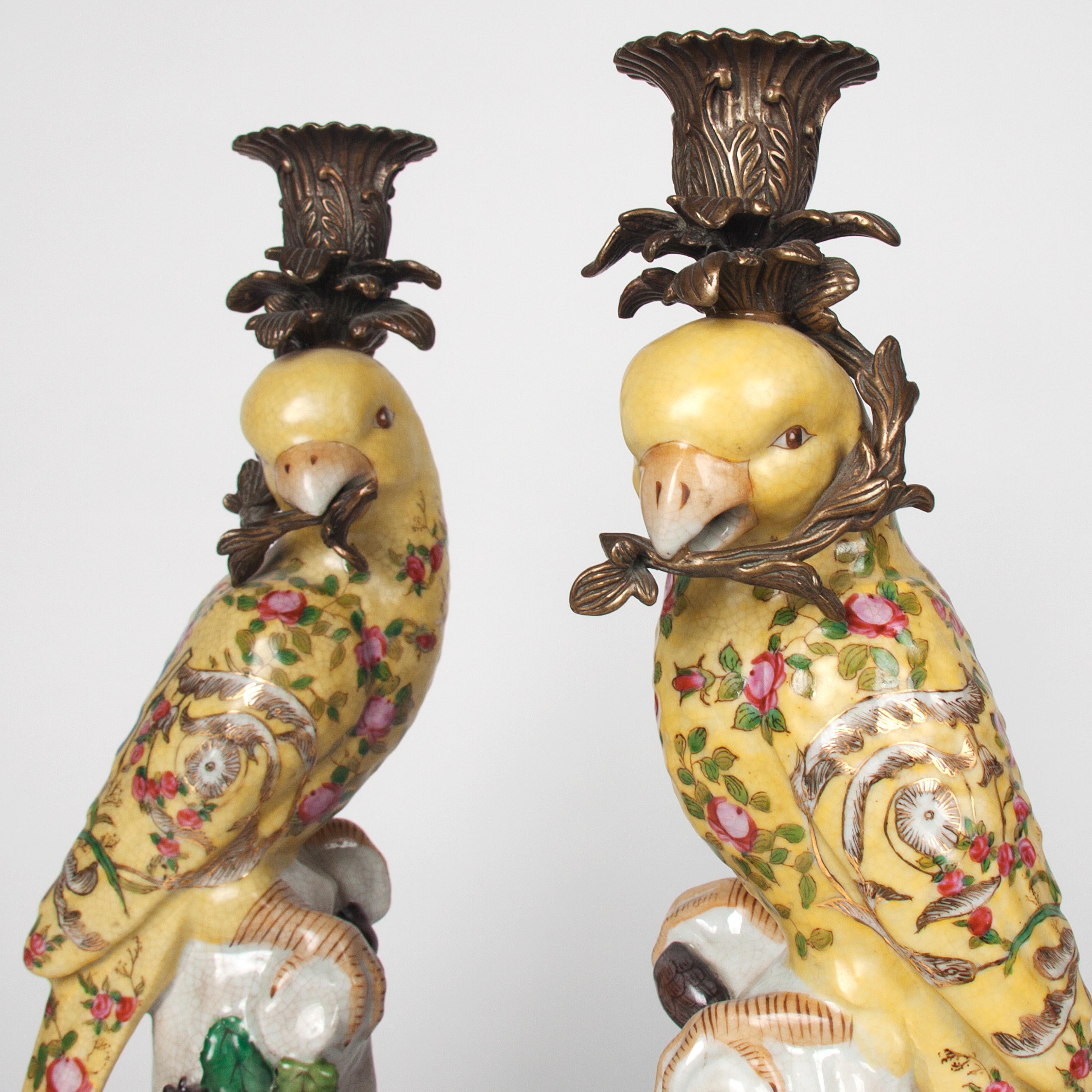 20th Century Pair of Gilt Bronze Mounted Porcelain Parrot Candlesticks 3